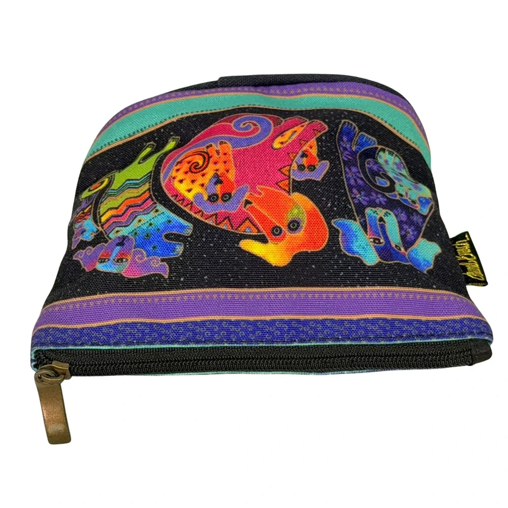 Laurel Burch Dogs & Doggies Canvas Cosmetic Zip Pouch Makeup Bag Travel Case